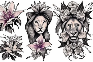 lioness with 2 larkspur flowers and 3 stargazer lilies tattoo idea