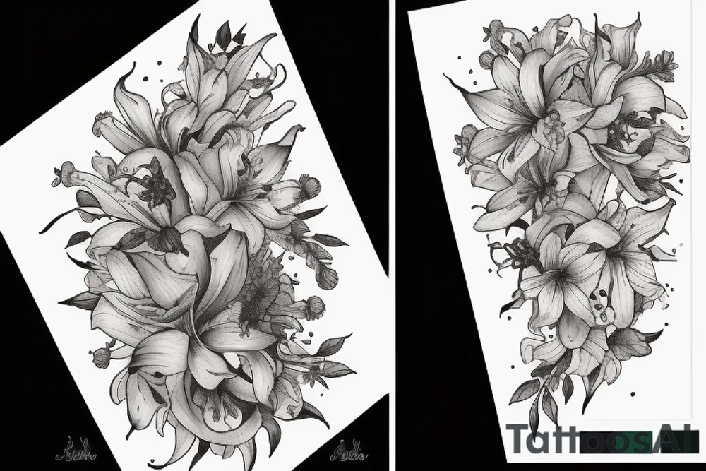 lioness with delphinium cubs having stargazers lilies tattoo idea