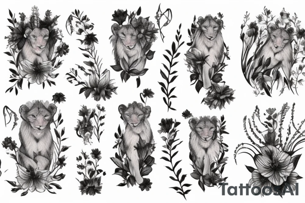 lioness with delphinium cubs having stargazers lilies tattoo idea