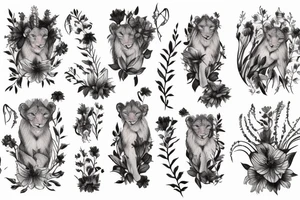 lioness with delphinium cubs having  stargazers lilies tattoo idea