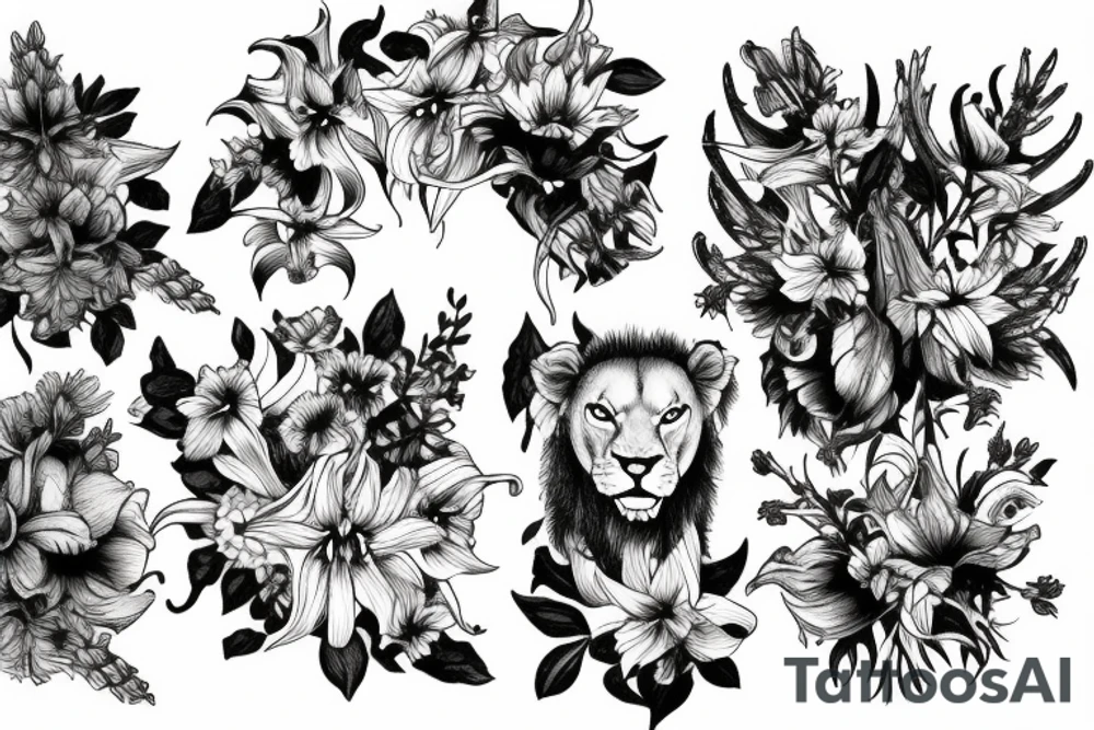 lioness with delphinium cubs having  stargazers lilies tattoo idea