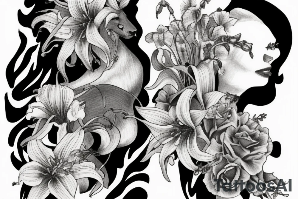 lioness with delphinium cubs having  stargazers lilies tattoo idea