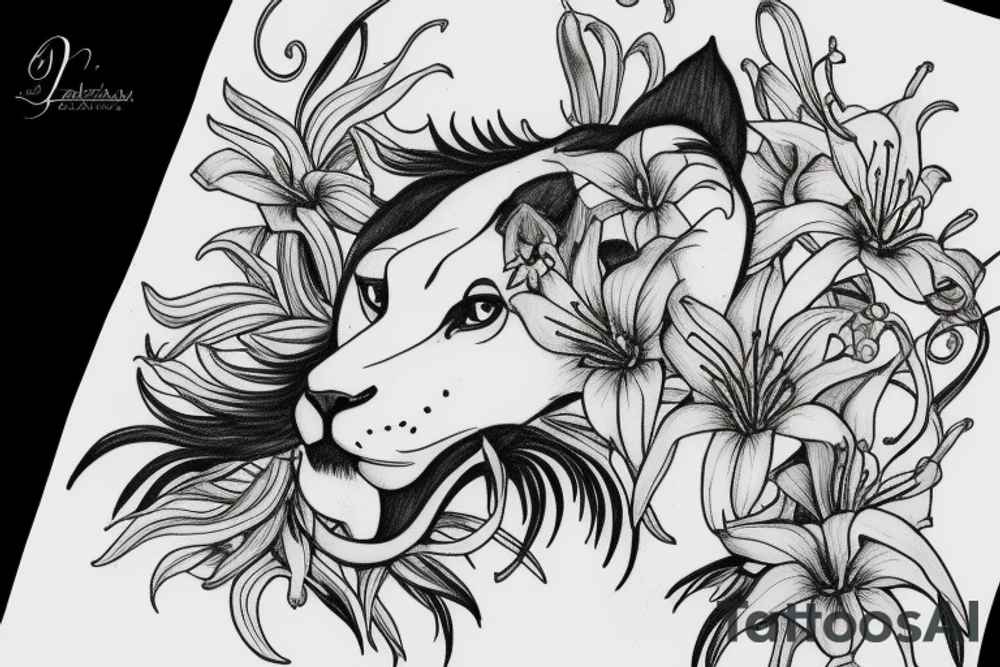 lioness with delphinium cubs having  stargazers lilies tattoo idea
