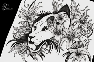 lioness with delphinium cubs having  stargazers lilies tattoo idea