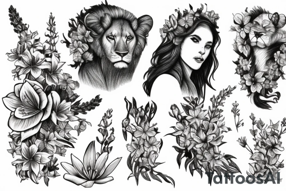 lioness with delphinium cubs having  stargazers lilies tattoo idea