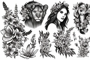 lioness with delphinium cubs having  stargazers lilies tattoo idea