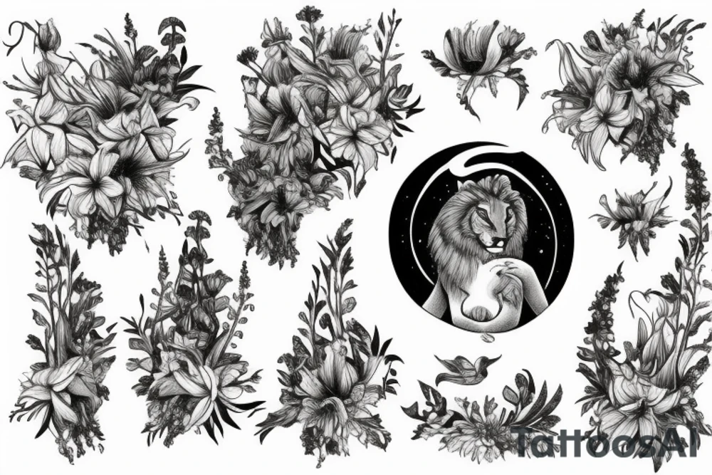 lioness with delphinium cubs having stargazers lilies tattoo idea