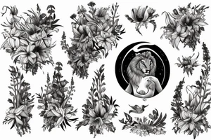 lioness with delphinium cubs having  stargazers lilies tattoo idea