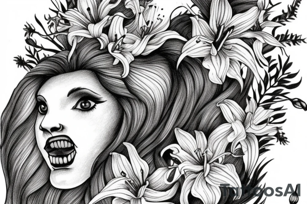 lioness with delphinium cubs having stargazers lilies tattoo idea