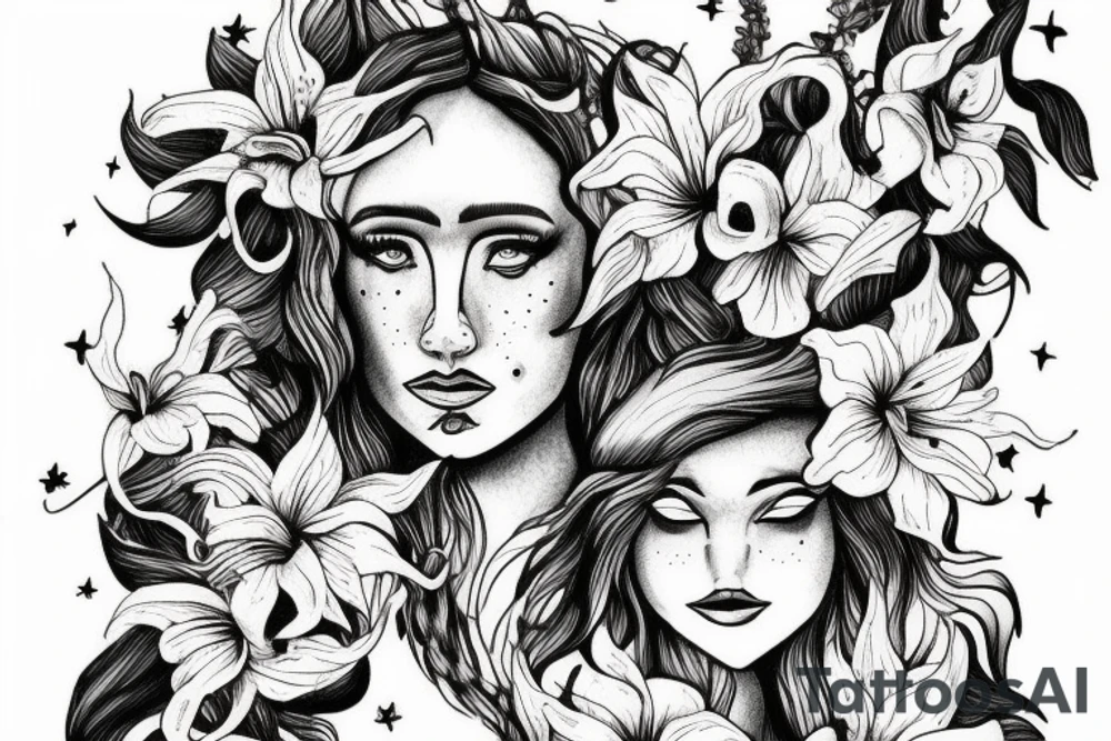 lioness with delphinium cubs having stargazers lilies tattoo idea