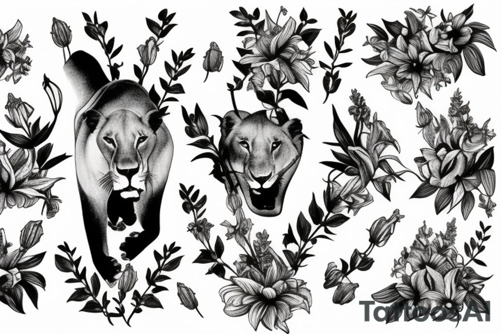 lioness with delphinium cubs having stargazers lilies tattoo idea