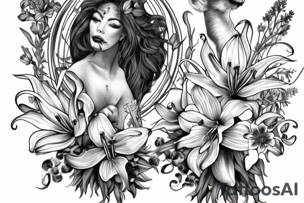 lioness with delphinium cubs having stargazers lilies tattoo idea