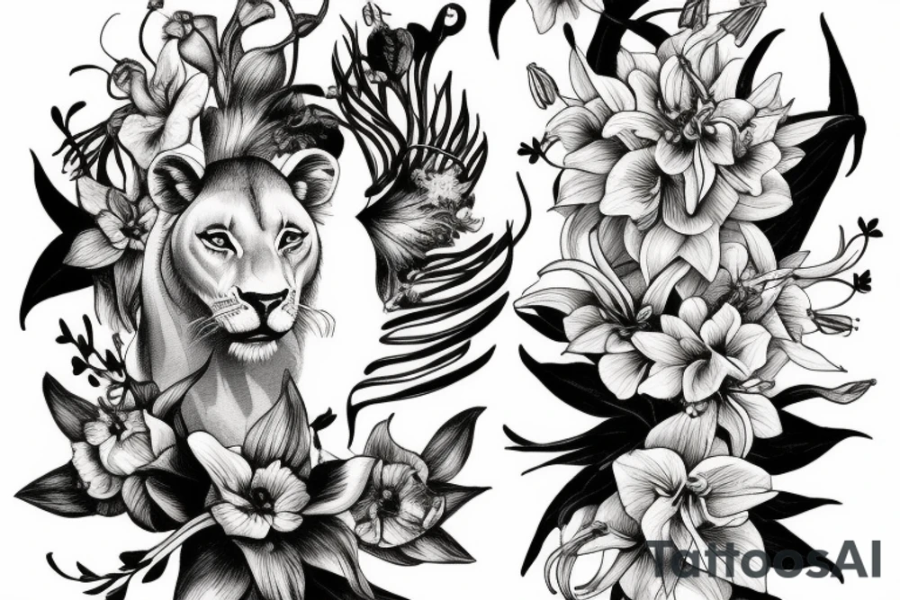 lioness with delphinium cubs having stargazers lilies tattoo idea