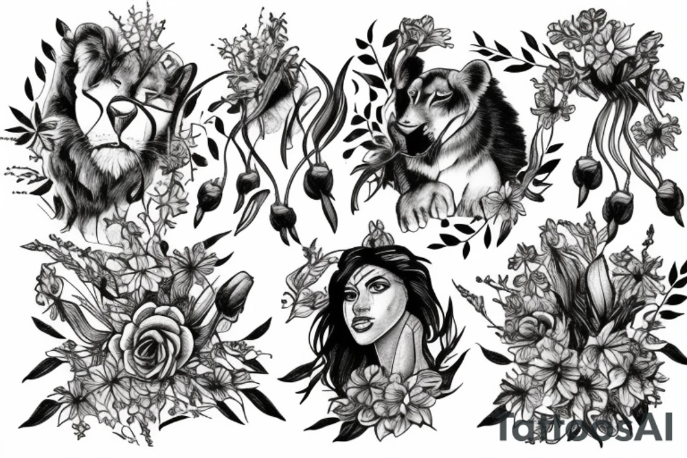 lioness with delphinium cubs having stargazers lilies tattoo idea