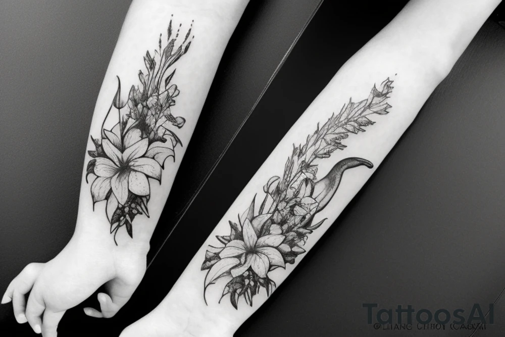 lioness with delphinium cubs having stargazers lilies tattoo idea
