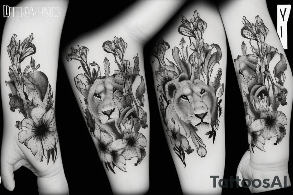 lioness with delphinium cubs having stargazers lilies tattoo idea