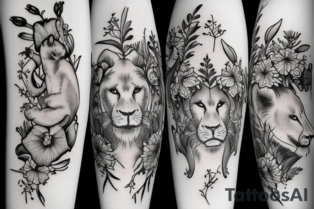 lioness with delphinium cubs having stargazers lilies tattoo idea