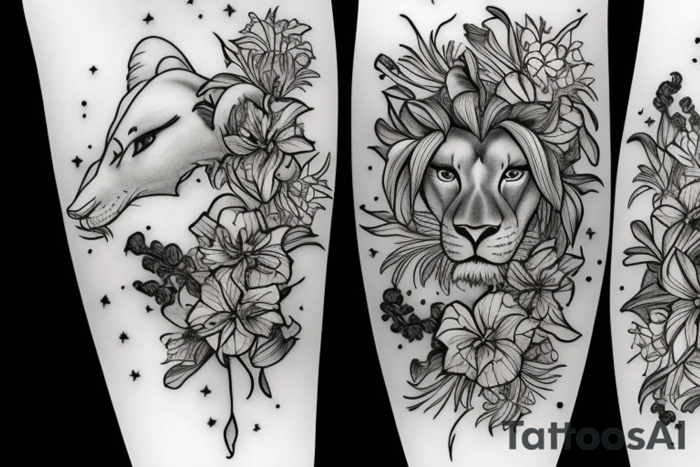 lioness with delphinium cubs having stargazers lilies tattoo idea
