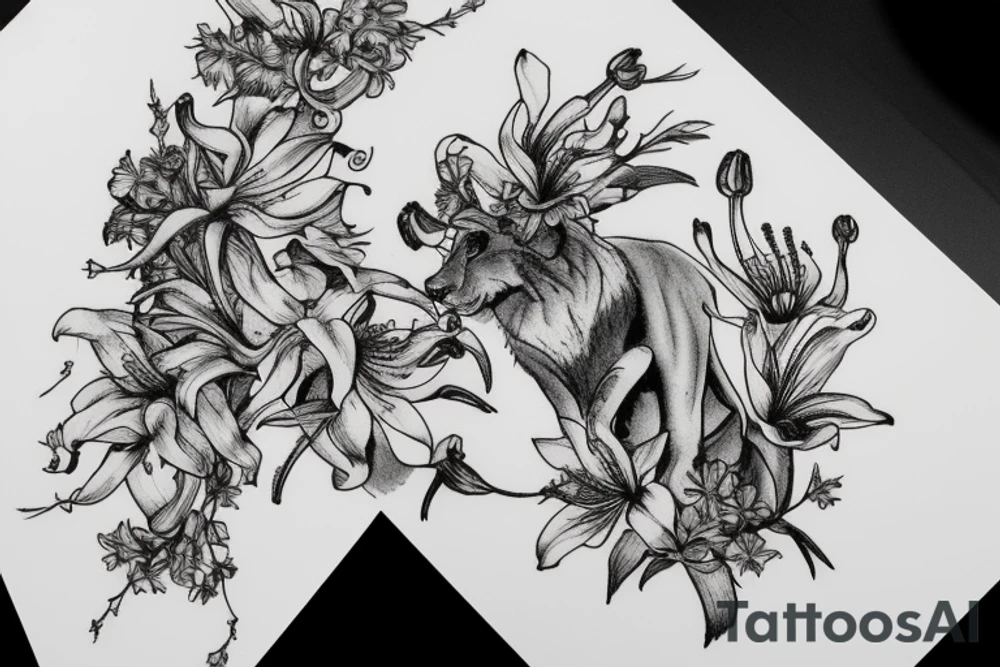 lioness with delphinium cubs having stargazers lilies tattoo idea
