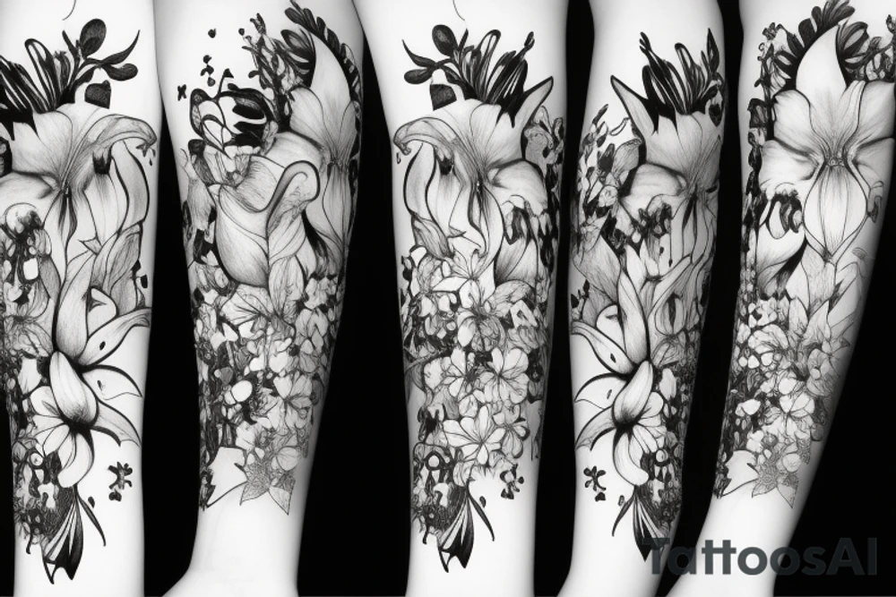 lioness with delphinium cubs having stargazers lilies tattoo idea