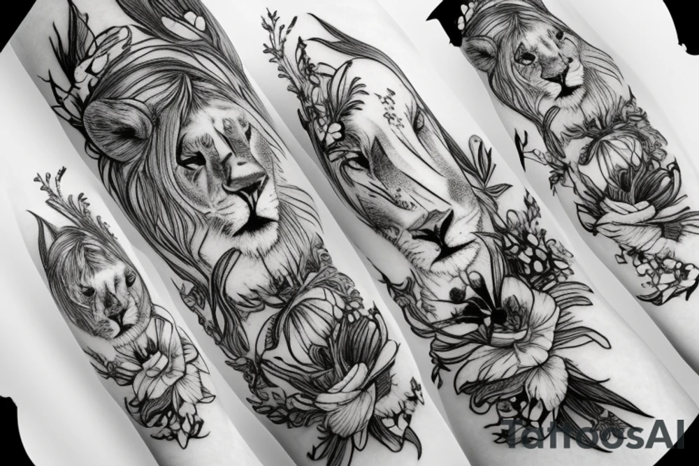 lioness with delphinium cubs having stargazers lilies tattoo idea