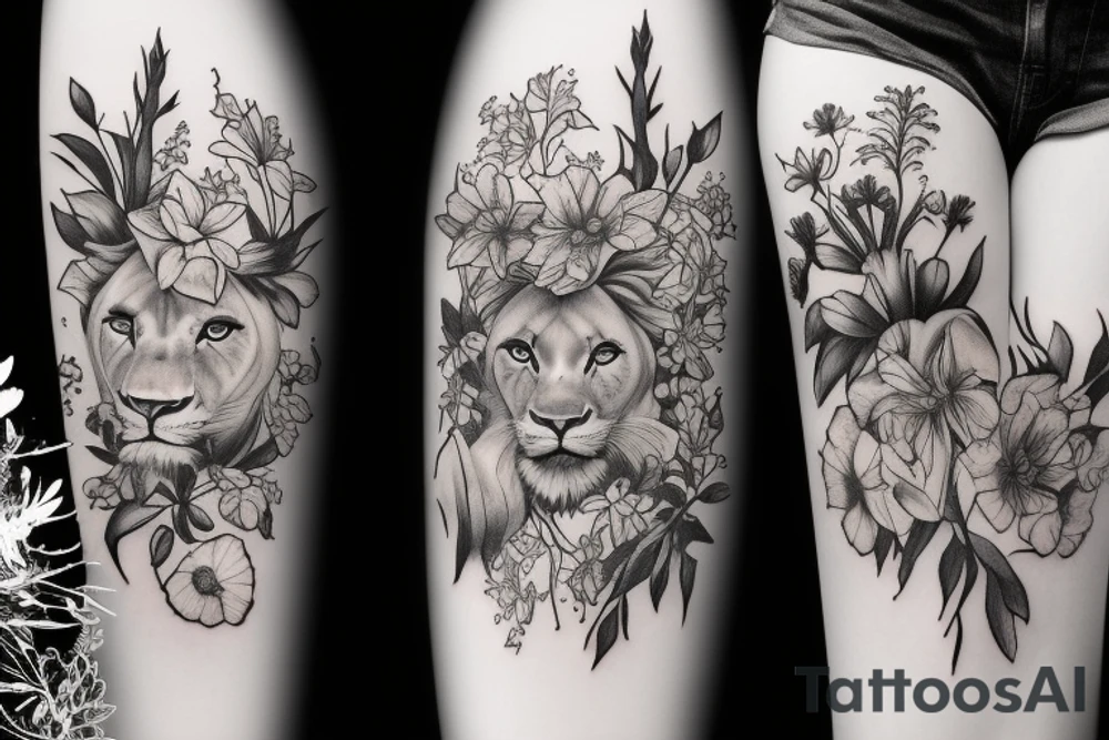 lioness with delphinium cubs having stargazers lilies tattoo idea