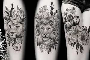 lioness with delphinium cubs having  stargazers lilies tattoo idea