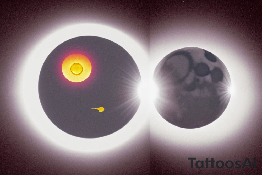 Place a merged image of the sun and moon. The sun should occupy half of the circle, with its rays extending outward in a burst of light. The moon, on the other half, is a crescent, casting a gentle glow. The fusion of the two celestial bodies symbolizes the balance of day and night, light and dark. Just outside the sun and moon circle, have two honu turtles placed opposite each other. Their back flippers should be touching or nearly touching the sun and moon circle, as if they're "pushing off" from it. This starts the spiral motion. Starting from the turtles, have a spiral that gently moves outward. This can be an oceanic wave spiral, representing the fluidity of life and how everything starts from a central point and moves outward in a journey. The spiral can also have small Polynesian symbols or designs intermittently to fill space and add aesthetics. Ensure that the end of the spiral isn’t fully closed, but rather tapers off and fades slightly. This gives a feeling of continuity, leaving room for further design additions in the future. Also, when designing the spiral, consider leaving spaces or gaps where new elements can be integrated seamlessly. tattoo idea