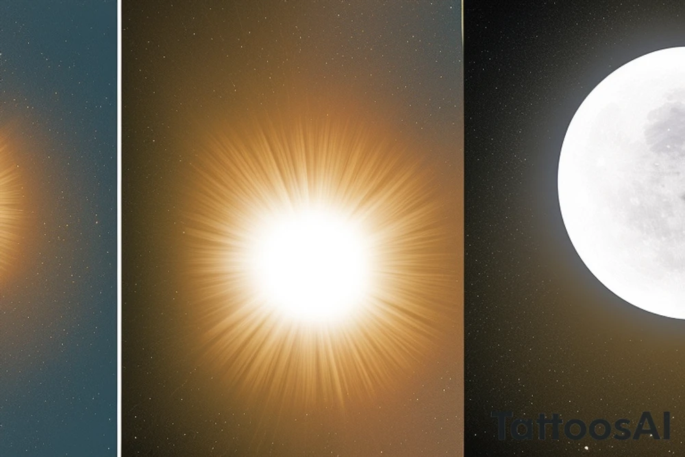 Place a merged image of the sun and moon. The sun should occupy half of the circle, with its rays extending outward in a burst of light. The moon, on the other half, is a crescent, casting a gentle glow. The fusion of the two celestial bodies symbolizes the balance of day and night, light and dark. Just outside the sun and moon circle, have two honu turtles placed opposite each other. Their back flippers should be touching or nearly touching the sun and moon circle, as if they're "pushing off" from it. This starts the spiral motion. Starting from the turtles, have a spiral that gently moves outward. This can be an oceanic wave spiral, representing the fluidity of life and how everything starts from a central point and moves outward in a journey. The spiral can also have small Polynesian symbols or designs intermittently to fill space and add aesthetics. Ensure that the end of the spiral isn’t fully closed, but rather tapers off and fades slightly. This gives a feeling of continuity, leaving room for further design additions in the future. Also, when designing the spiral, consider leaving spaces or gaps where new elements can be integrated seamlessly. tattoo idea