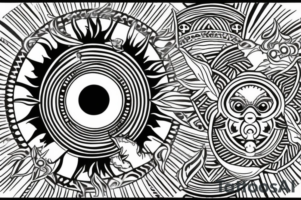 Place a merged image of the sun and moon. The sun should occupy half of the circle, with its rays extending outward in a burst of light. The moon, on the other half, is a crescent, casting a gentle glow. tattoo idea