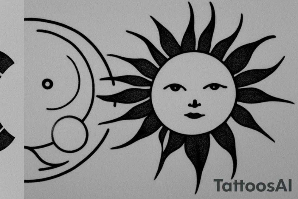Place a merged image of the sun and moon. The sun should occupy half of the circle, with its rays extending outward in a burst of light. The moon, on the other half, is a crescent, casting a gentle glow. tattoo idea