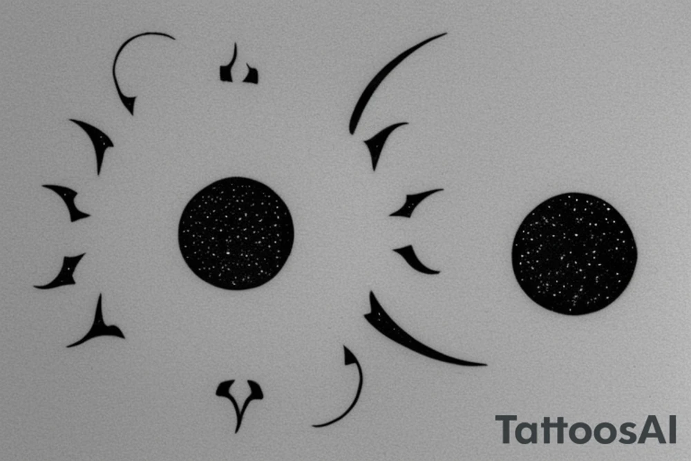 Place a merged image of the sun and moon. The sun should occupy half of the circle, with its rays extending outward in a burst of light. The moon, on the other half, is a crescent, casting a gentle glow. tattoo idea