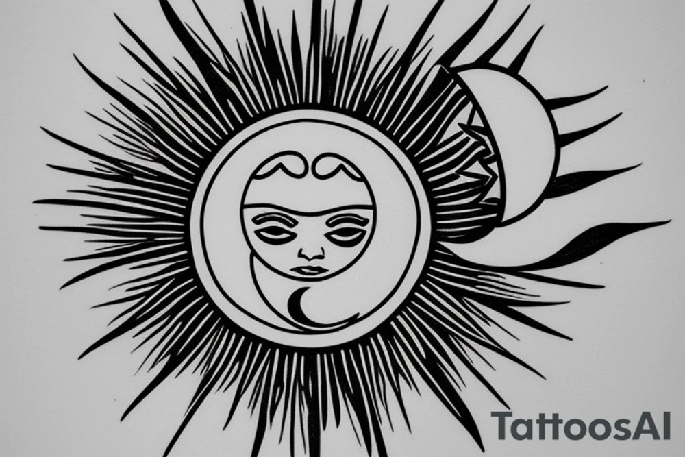 Place a merged image of the sun and moon. The sun should occupy half of the circle, with its rays extending outward in a burst of light. The moon, on the other half, is a crescent, casting a gentle glow. tattoo idea