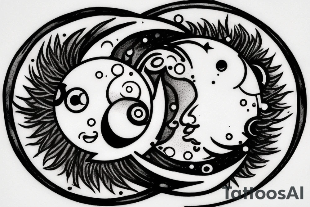 Place a merged image of the sun and moon. The sun should occupy half of the circle, with its rays extending outward in a burst of light. The moon, on the other half, is a crescent, casting a gentle glow. tattoo idea