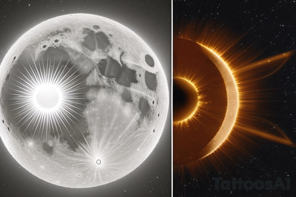 Place a merged image of the sun and moon. The sun should occupy half of the circle, with its rays extending outward in a burst of light. The moon, on the other half, is a crescent, casting a gentle glow. The fusion of the two celestial bodies symbolizes the balance of day and night, light and dark. Just outside the sun and moon circle, have two honu turtles placed opposite each other. Their back flippers should be touching or nearly touching the sun and moon circle, as if they're "pushing off" from it. This starts the spiral motion. Starting from the turtles, have a spiral that gently moves outward. This can be an oceanic wave spiral, representing the fluidity of life and how everything starts from a central point and moves outward in a journey. The spiral can also have small Polynesian symbols or designs intermittently to fill space and add aesthetics. Ensure that the end of the spiral isn’t fully closed, but rather tapers off and fades slightly. This gives a feeling of continuity, leaving room for further design additions in the future. Also, when designing the spiral, consider leaving spaces or gaps where new elements can be integrated seamlessly. tattoo idea