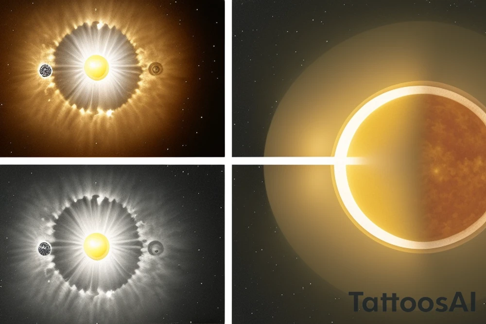 Place a merged image of the sun and moon. The sun should occupy half of the circle, with its rays extending outward in a burst of light. The moon, on the other half, is a crescent, casting a gentle glow. The fusion of the two celestial bodies symbolizes the balance of day and night, light and dark. Just outside the sun and moon circle, have two honu turtles placed opposite each other. Their back flippers should be touching or nearly touching the sun and moon circle, as if they're "pushing off" from it. This starts the spiral motion. Starting from the turtles, have a spiral that gently moves outward. This can be an oceanic wave spiral, representing the fluidity of life and how everything starts from a central point and moves outward in a journey. The spiral can also have small Polynesian symbols or designs intermittently to fill space and add aesthetics. Ensure that the end of the spiral isn’t fully closed, but rather tapers off and fades slightly. This gives a feeling of continuity, leaving room for further design additions in the future. Also, when designing the spiral, consider leaving spaces or gaps where new elements can be integrated seamlessly. tattoo idea