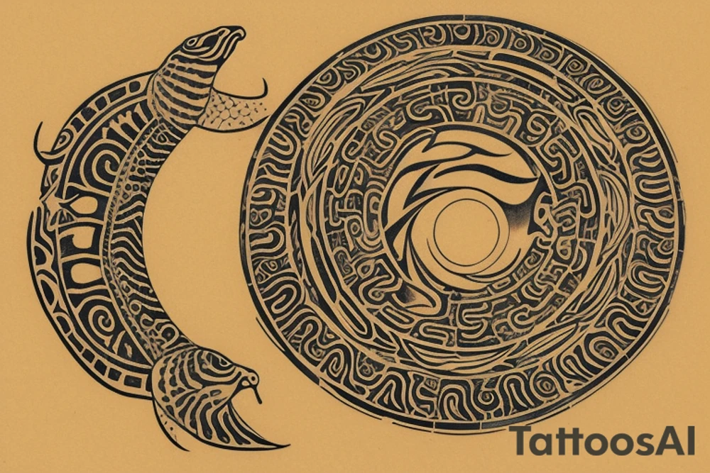 Centerpiece: Half sun, half crescent moon merged.
Main elements: Two honu turtles, positioned oppositely, starting from the perimeter of the sun-moon circle.
Pattern: Spiral, starting from turtles, incorporating oceanic wave motifs and interspersed Polynesian designs.
Expansion space: Spiral tapers off and fades, leaving gaps for future designs. tattoo idea