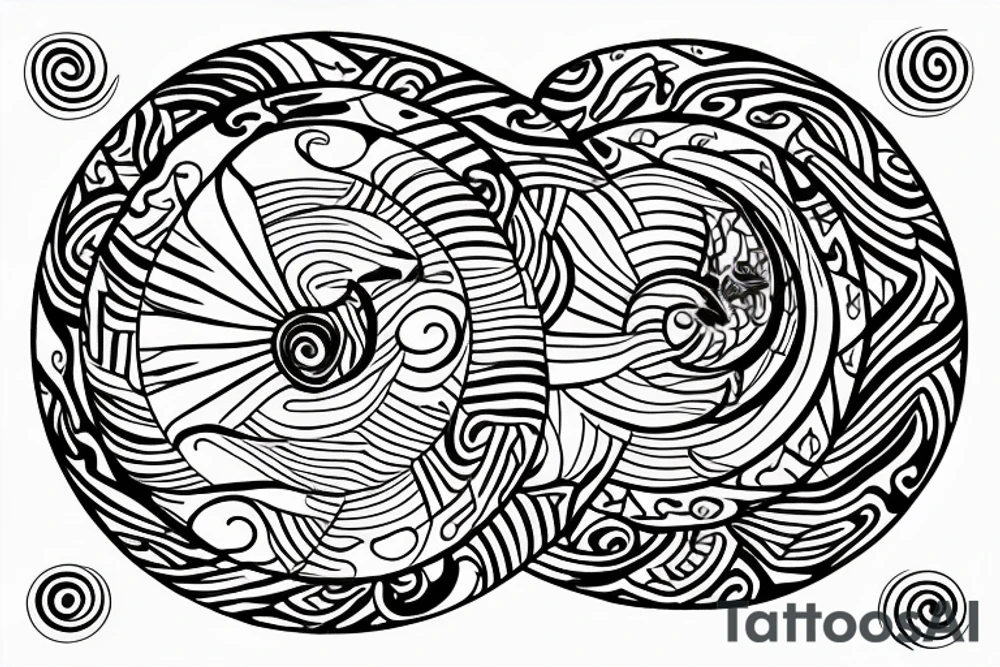 Centerpiece: Half sun, half crescent moon merged.
Main elements: Two honu turtles, positioned oppositely, starting from the perimeter of the sun-moon circle.
Pattern: Spiral, starting from turtles, incorporating oceanic wave motifs and interspersed Polynesian designs.
Expansion space: Spiral tapers off and fades, leaving gaps for future designs. tattoo idea