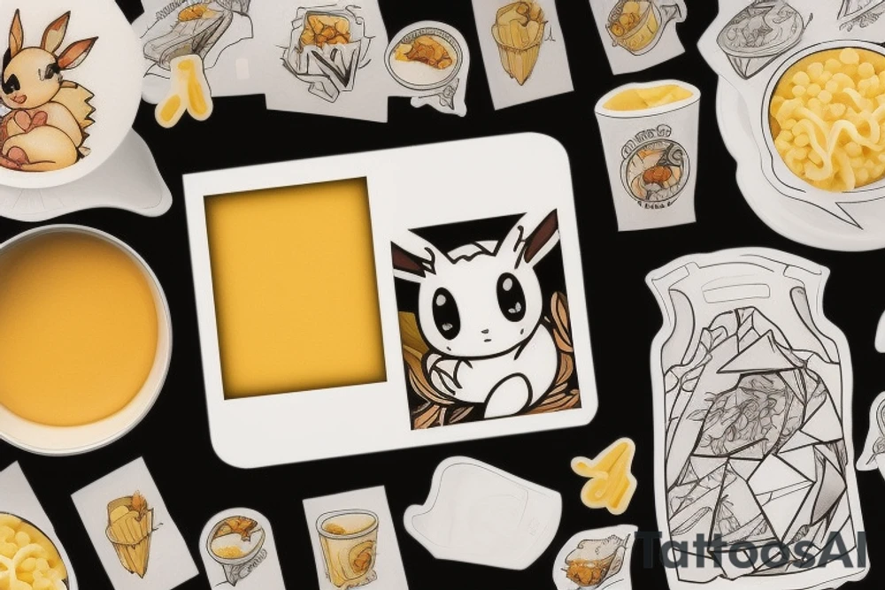 Eevee eating a bowl of Mac and cheese coming out of a Polaroid in neo traditional style with cool artistic lines and abstract dot back ground tattoo idea