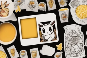 Eevee eating a bowl of Mac and cheese coming out of a Polaroid in neo traditional style with cool artistic lines and abstract dot back ground tattoo idea