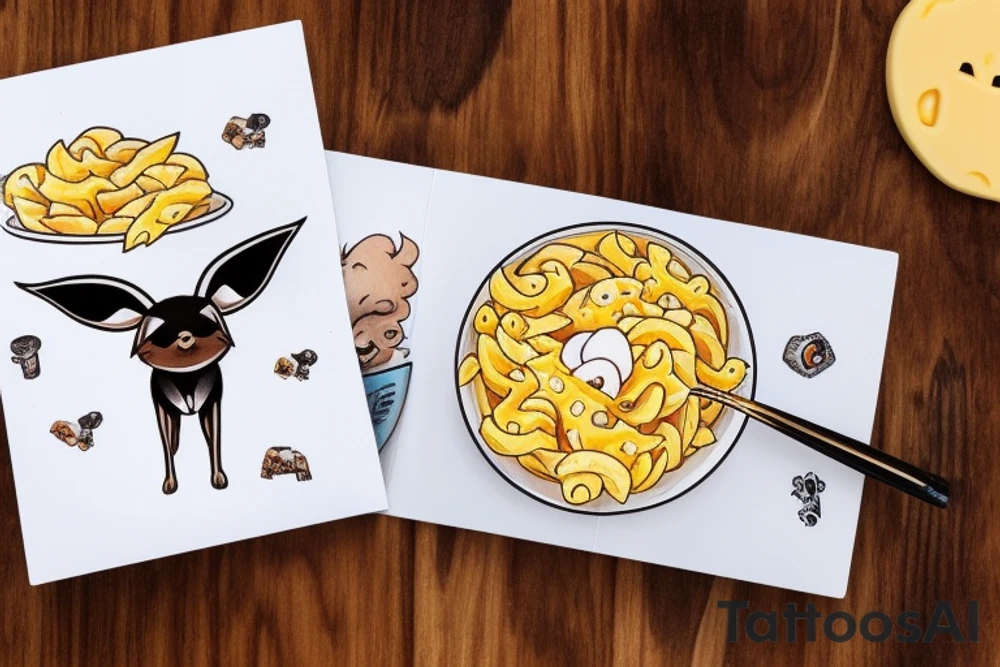 Eevee eating a bowl of Mac and cheese coming out of a Polaroid in neo traditional style with cool artistic lines and abstract dot back ground tattoo idea