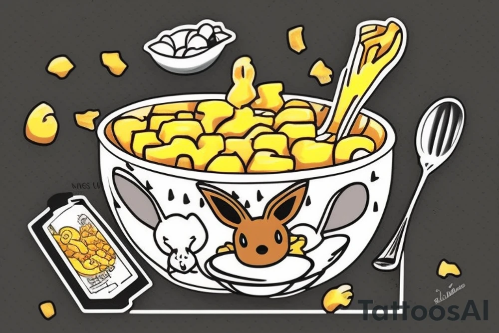 Eevee eating a bowl of Mac and cheese coming out of a Polaroid in neo traditional style with cool artistic lines and abstract dot back ground tattoo idea