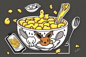 Eevee eating a bowl of Mac and cheese coming out of a Polaroid in neo traditional style with cool artistic lines and abstract dot back ground tattoo idea