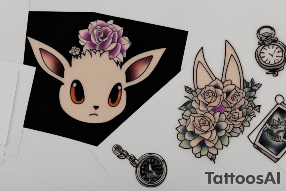 Polaroid picture of Eevee coming out in 3d with flowers and a pocket watch reading 4:15 neo traditional tattoo idea