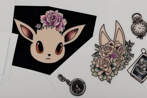 Polaroid picture of Eevee coming out in 3d with flowers and a pocket watch reading 4:15 neo traditional tattoo idea