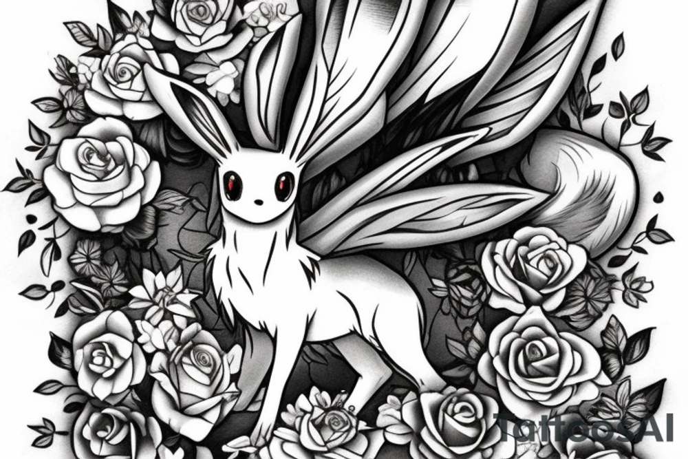 Polaroid picture of Eevee coming out in 3d with flowers and a pocket watch reading 4:15 neo traditional tattoo idea