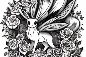 Polaroid picture of Eevee coming out in 3d with flowers and a pocket watch reading 4:15 neo traditional tattoo idea