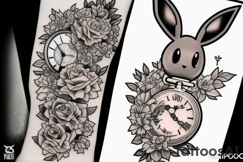Polaroid picture of Eevee coming out in 3d with flowers and a pocket watch reading 4:15 neo traditional tattoo idea