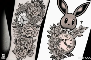 Polaroid picture of Eevee coming out in 3d with flowers and a pocket watch reading 4:15 neo traditional tattoo idea
