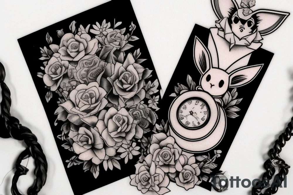 Polaroid picture of Eevee coming out in 3d with flowers and a pocket watch reading 4:15 neo traditional tattoo idea